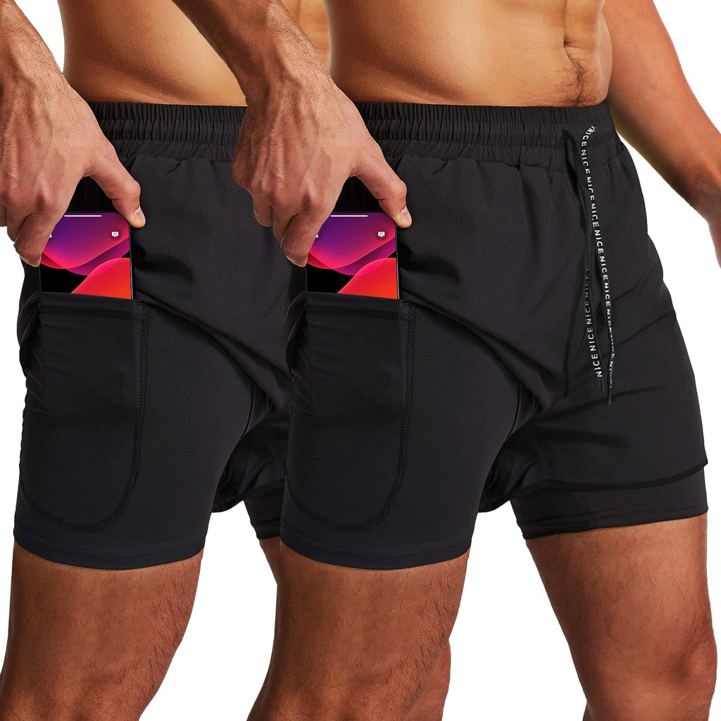 OEBLD Men’s Running Shorts 3 Inch Workout Gym 2-in-1 Pants Athletic Compression Track Tights with Zipper Pockets